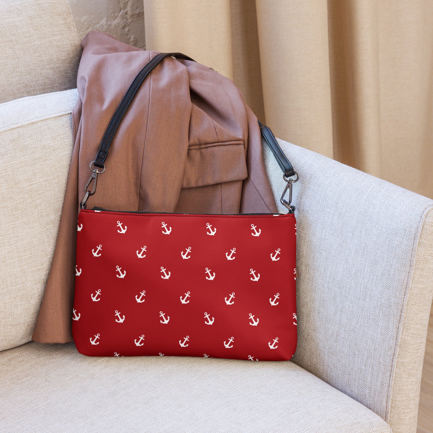 Red With White Anchors Crossbody Bag, Nautical Anchors Design Handbag