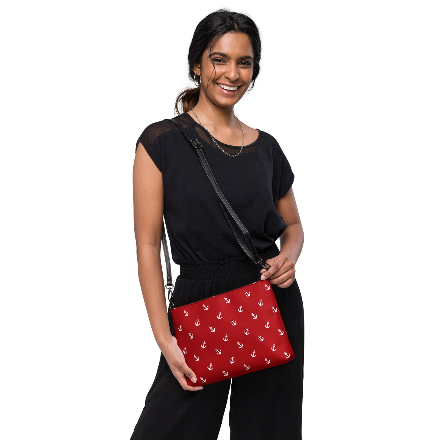 Red With White Anchors Crossbody Bag, Nautical Anchors Design Handbag