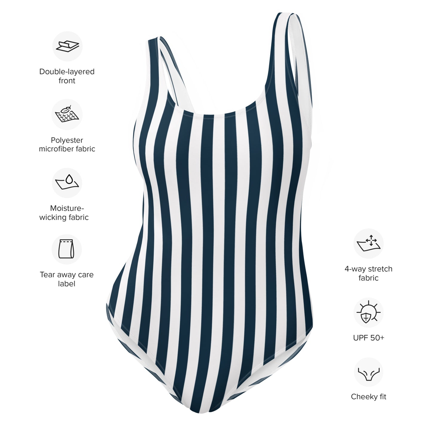 One-Piece Swimsuit with vertical blue and white nautical stripes