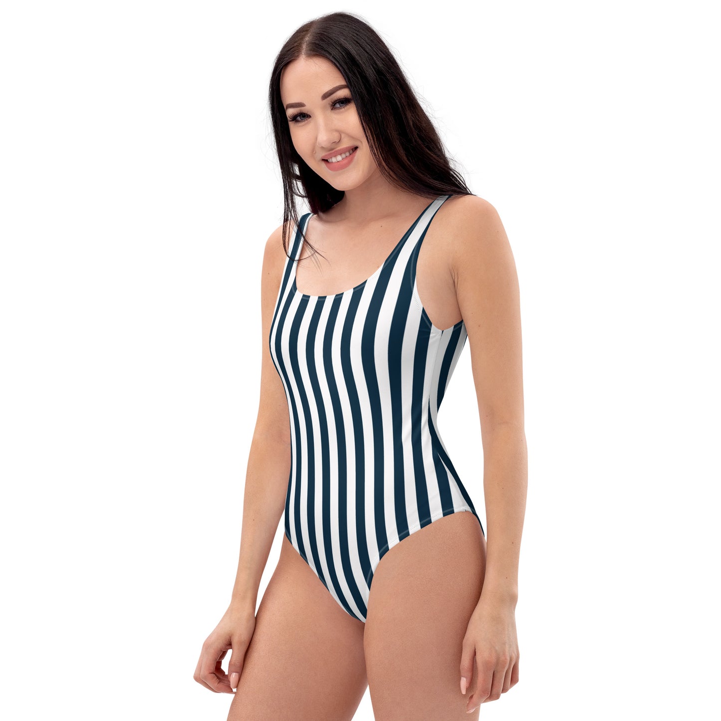 One-Piece Swimsuit with vertical blue and white nautical stripes