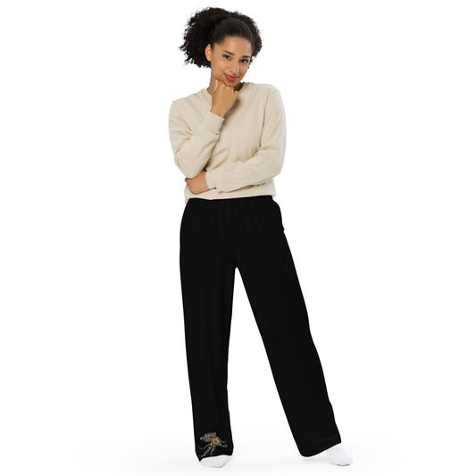 Black Unisex Wide-Leg Pants With Blue Ringed Octopus Graphic