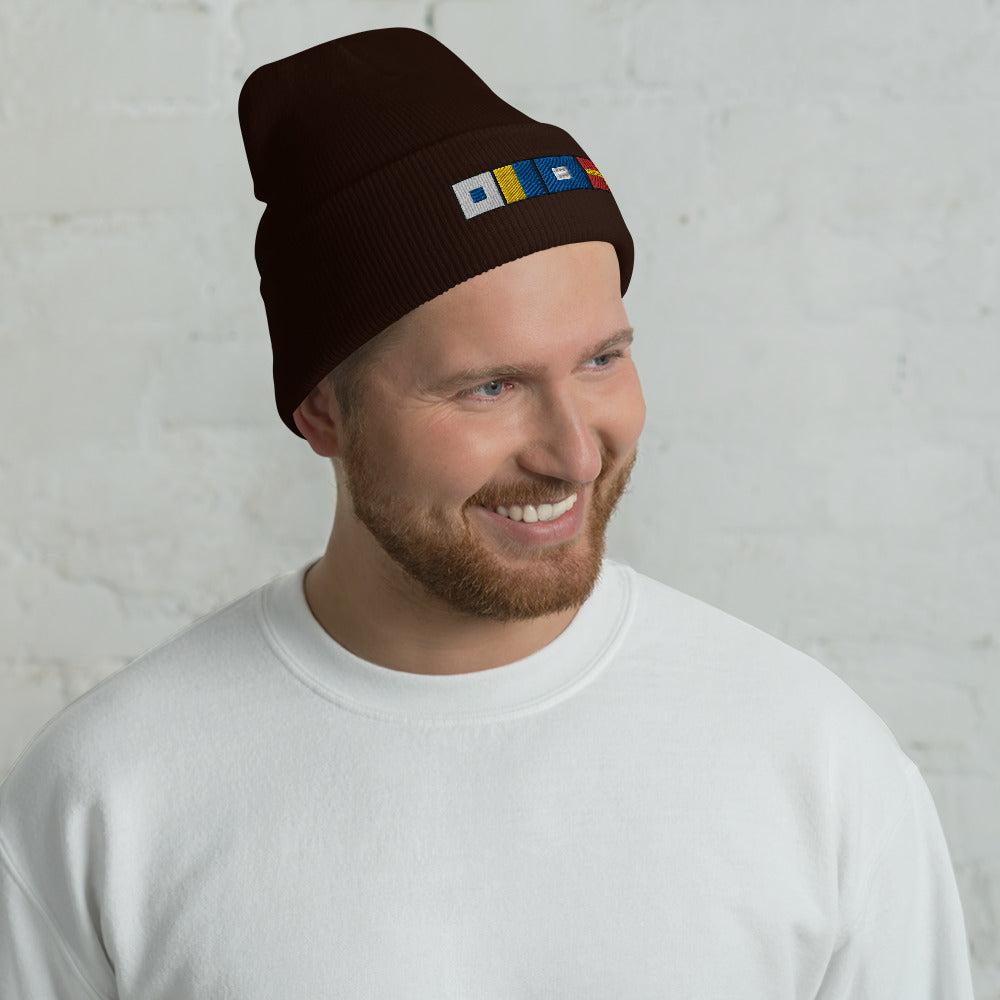 SKPR (skipper) Spelled out with Embroidered Nautical Flags Cuffed Beanie, Nautical Beanie
