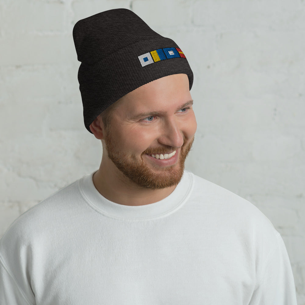 SKPR (skipper) Spelled out with Embroidered Nautical Flags Cuffed Beanie, Nautical Beanie