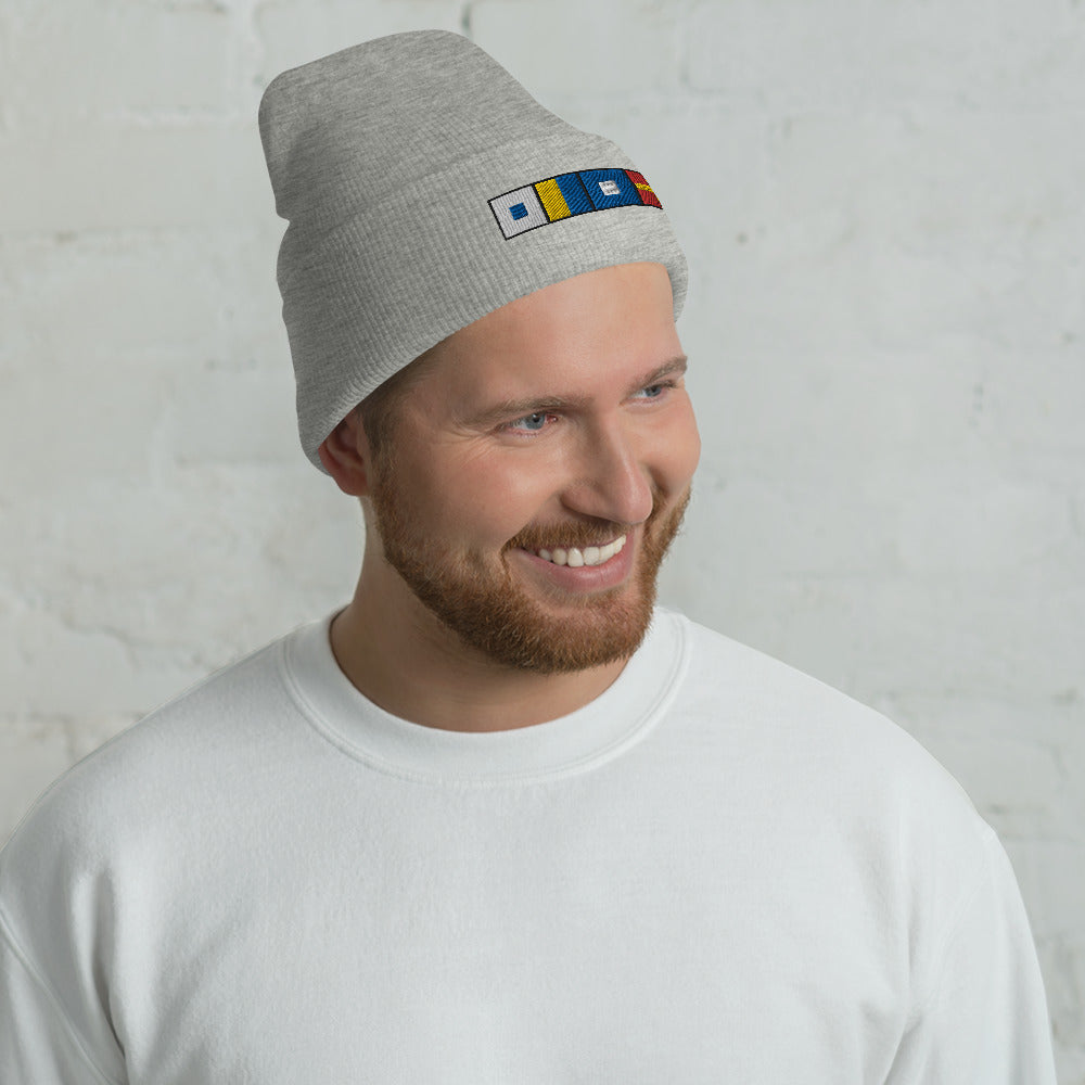 SKPR (skipper) Spelled out with Embroidered Nautical Flags Cuffed Beanie, Nautical Beanie