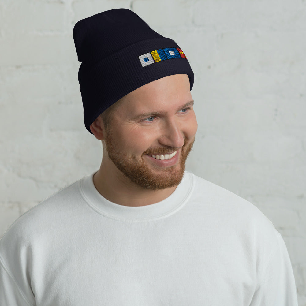 SKPR (skipper) Spelled out with Embroidered Nautical Flags Cuffed Beanie, Nautical Beanie