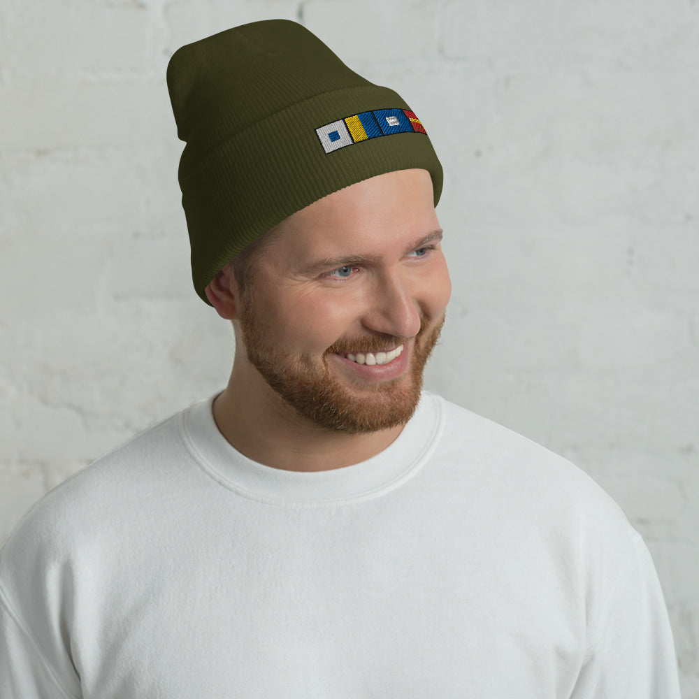 SKPR (skipper) Spelled out with Embroidered Nautical Flags Cuffed Beanie, Nautical Beanie