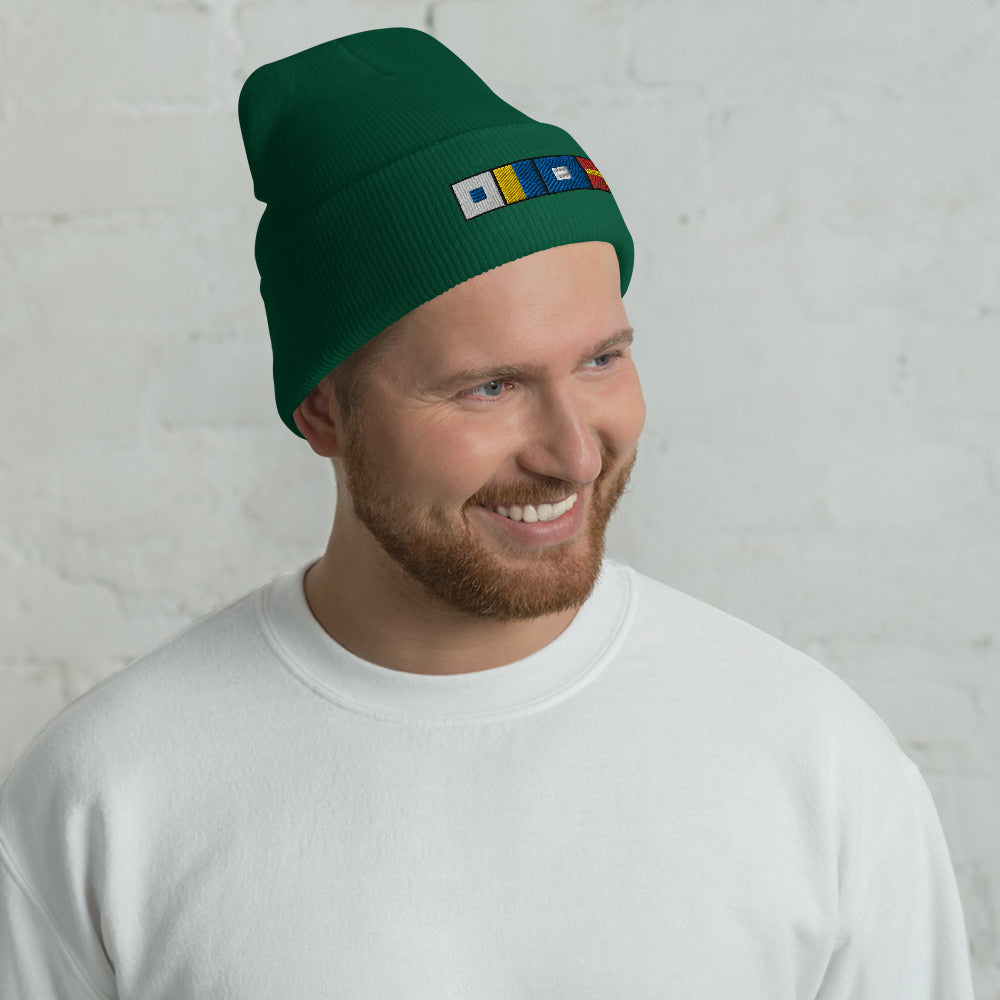 SKPR (skipper) Spelled out with Embroidered Nautical Flags Cuffed Beanie, Nautical Beanie