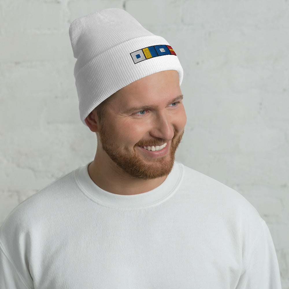 SKPR (skipper) Spelled out with Embroidered Nautical Flags Cuffed Beanie, Nautical Beanie
