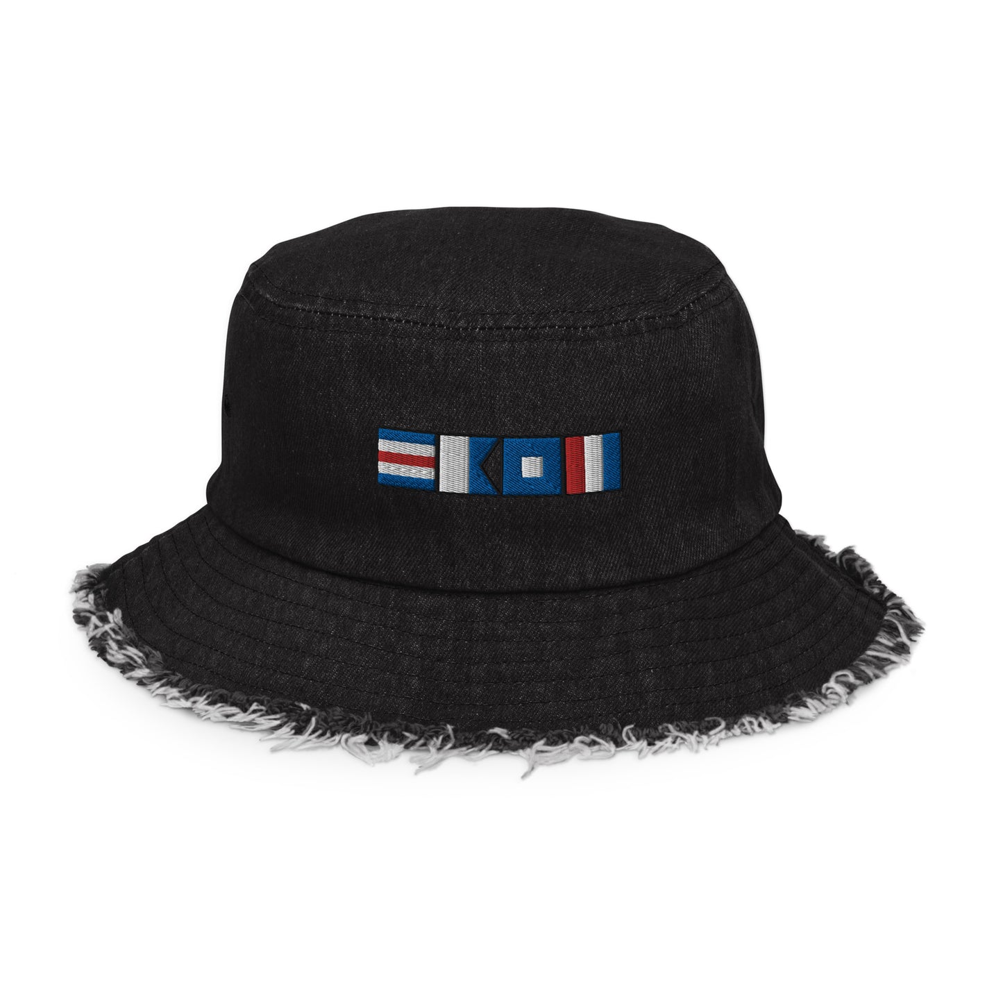 Distressed denim bucket hat with CAPT (captain) spelled using nautical flags, Semaphore flag design