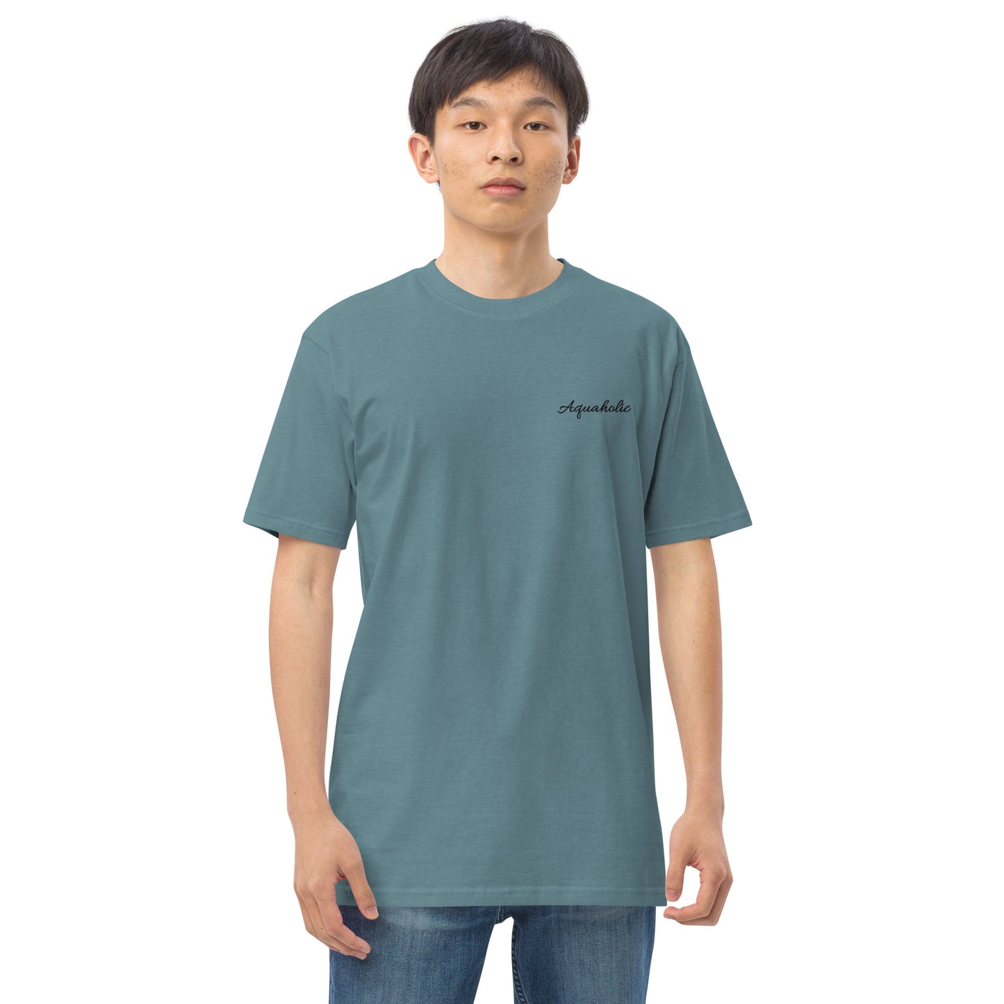 Aquaholic embroidered Men’s premium heavyweight tee, Boat name T-shirt, Personalized shirt