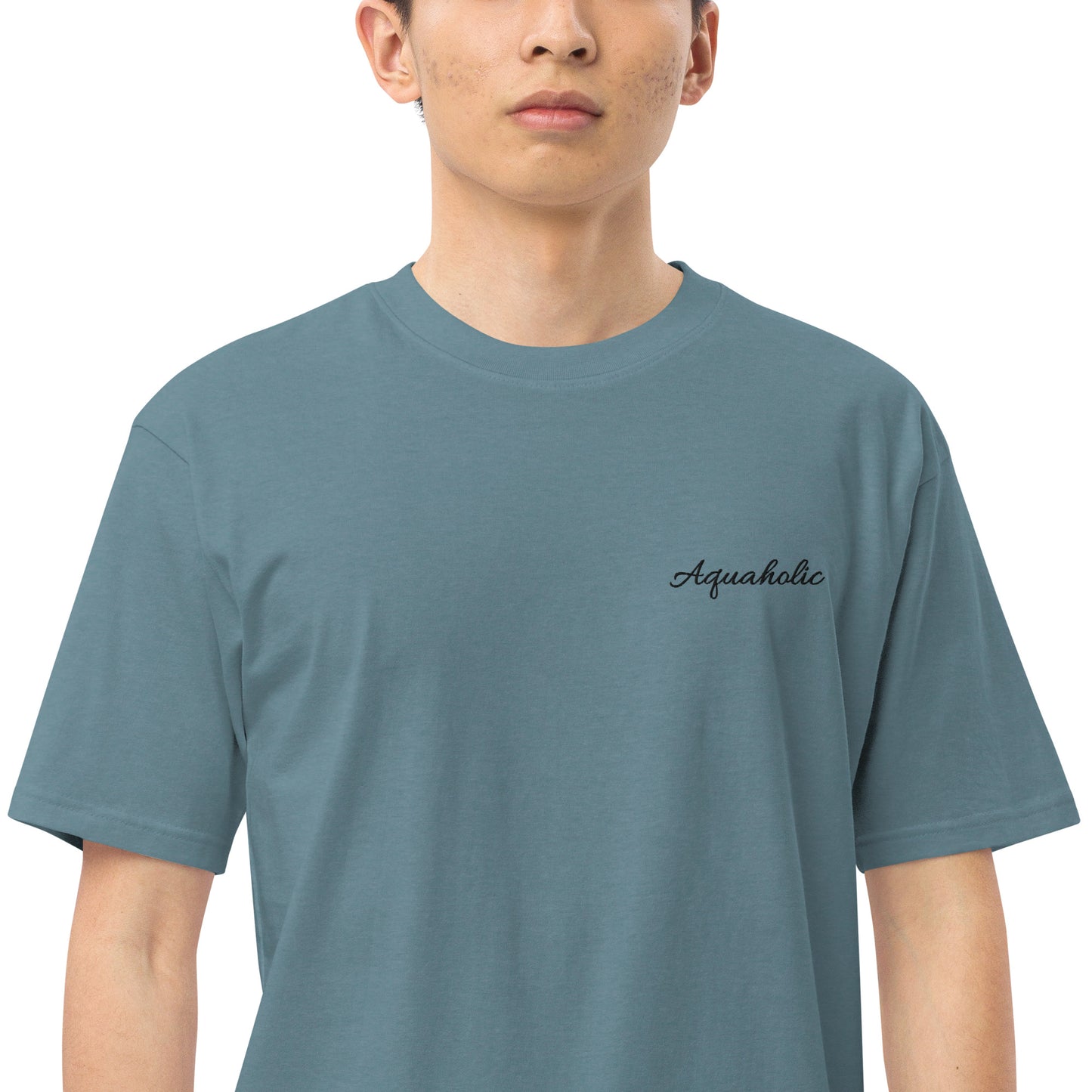 Aquaholic embroidered Men’s premium heavyweight tee, Boat name T-shirt, Personalized shirt