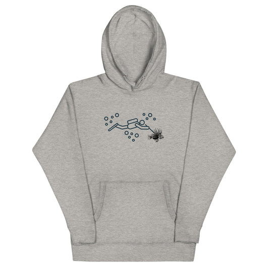 Stick Figure SCUBA Diver Hunting Lionfish Unisex Hoodie, Spearfishing Lionfish