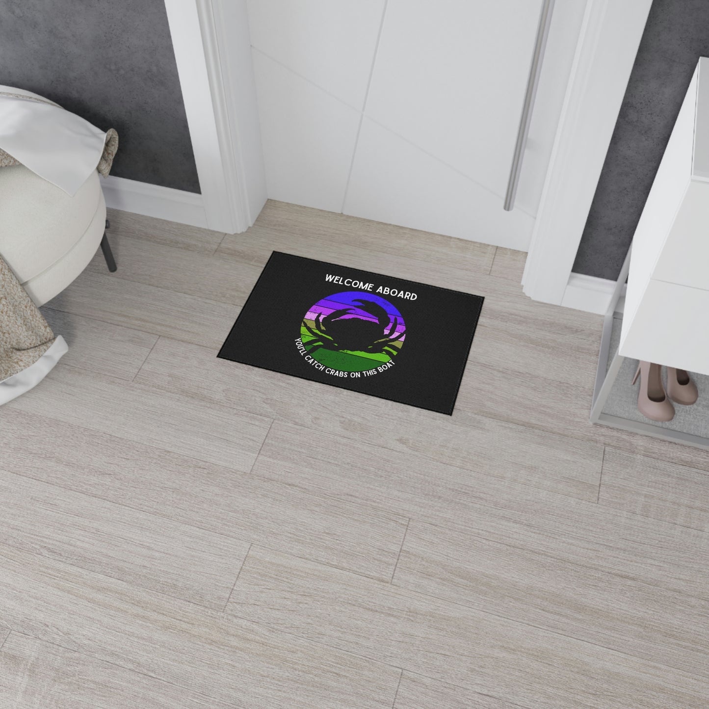 Funny Nautical Dock Mat, Welcome Aboard You'll Catch Crabs On This Boat, Crabbing Humor Floor Mat, Cockpit Mat, Boat Gift