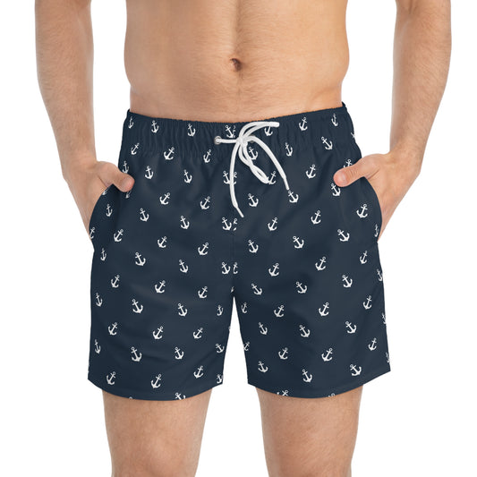 Navy Blue with White Anchors Swim Trunks, Men's Nautical Bathing Suit, Men's swimwear
