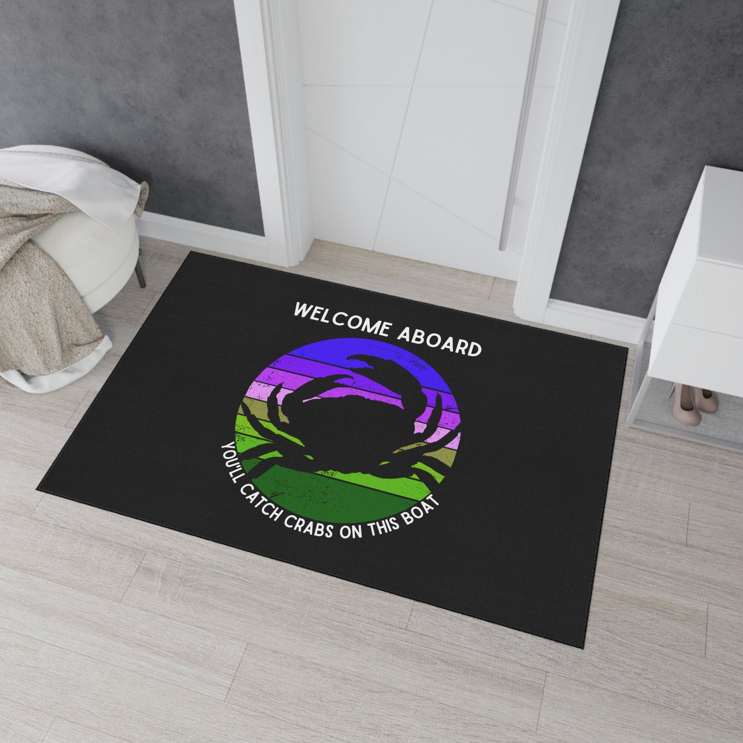 Funny Nautical Dock Mat, Welcome Aboard You'll Catch Crabs On This Boat, Crabbing Humor Floor Mat, Cockpit Mat, Boat Gift