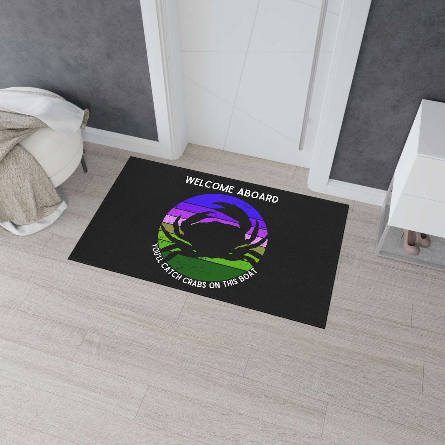 Funny Nautical Dock Mat, Welcome Aboard You'll Catch Crabs On This Boat, Crabbing Humor Floor Mat, Cockpit Mat, Boat Gift