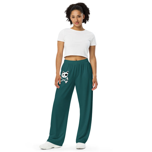 Deep sea green unisex wide-leg pants with pirate cat skull & crossbones print