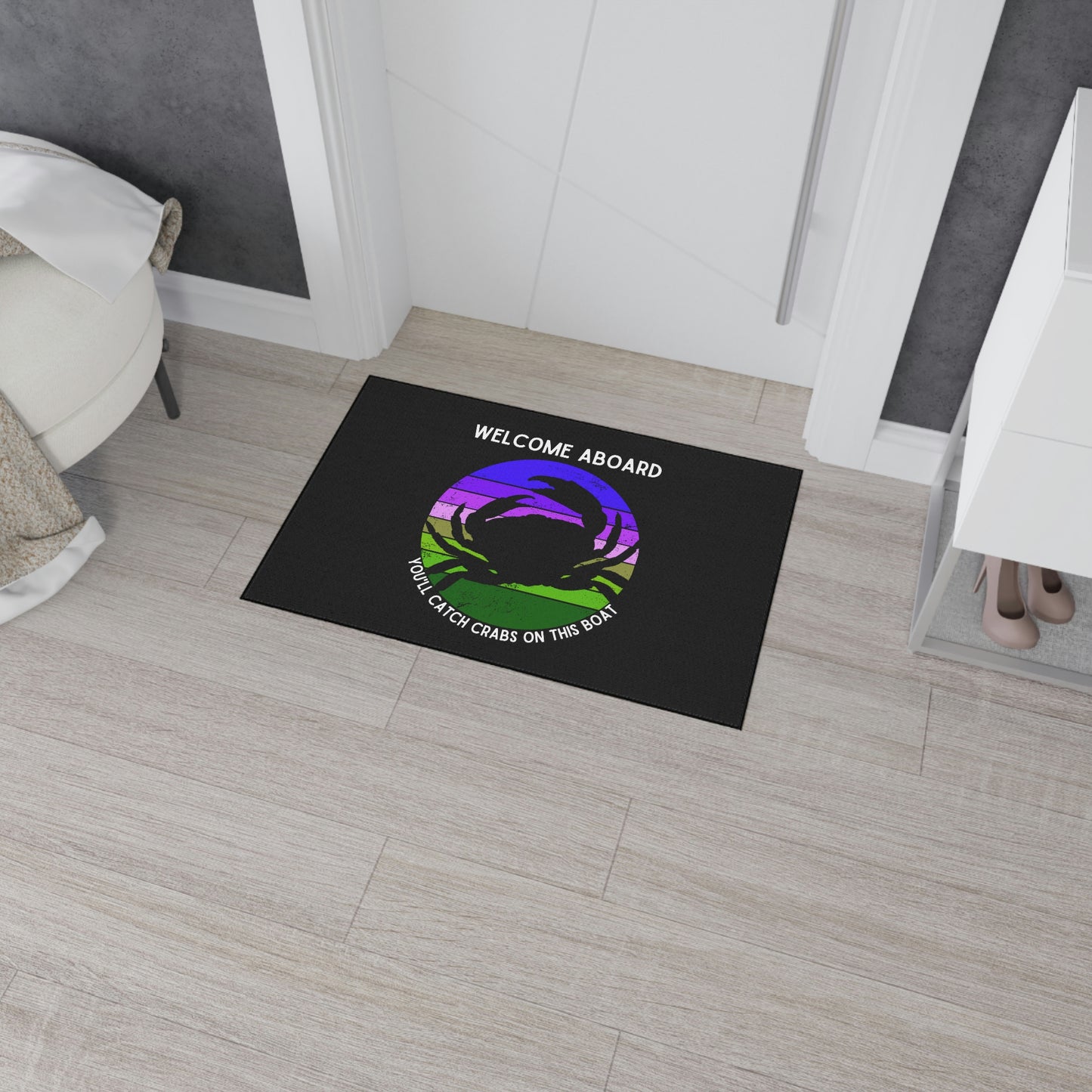 Funny Nautical Dock Mat, Welcome Aboard You'll Catch Crabs On This Boat, Crabbing Humor Floor Mat, Cockpit Mat, Boat Gift