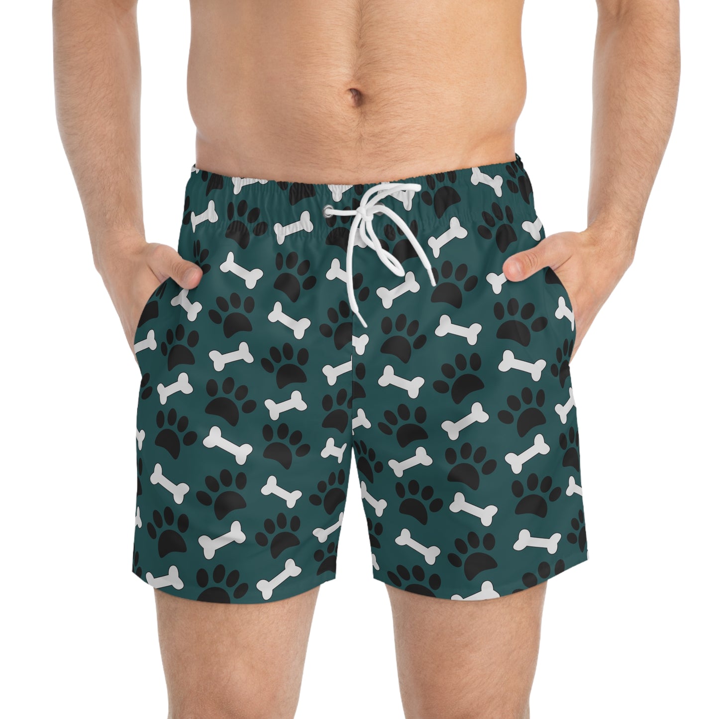 Men's Swim Trunks with paws and bones design, Dog lover's swim trunks