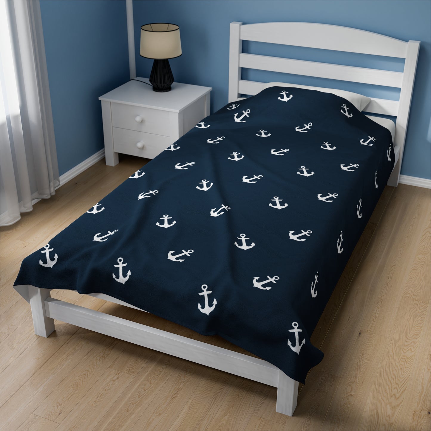 Navy Blue With White Anchors Nautical Design Velveteen Plush Blanket, Boat Blanket, Nautical Gift Idea, Nautical Decor, Boat Gift