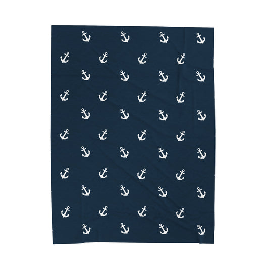 Navy Blue With White Anchors Nautical Design Velveteen Plush Blanket, Boat Blanket, Nautical Gift Idea, Nautical Decor, Boat Gift