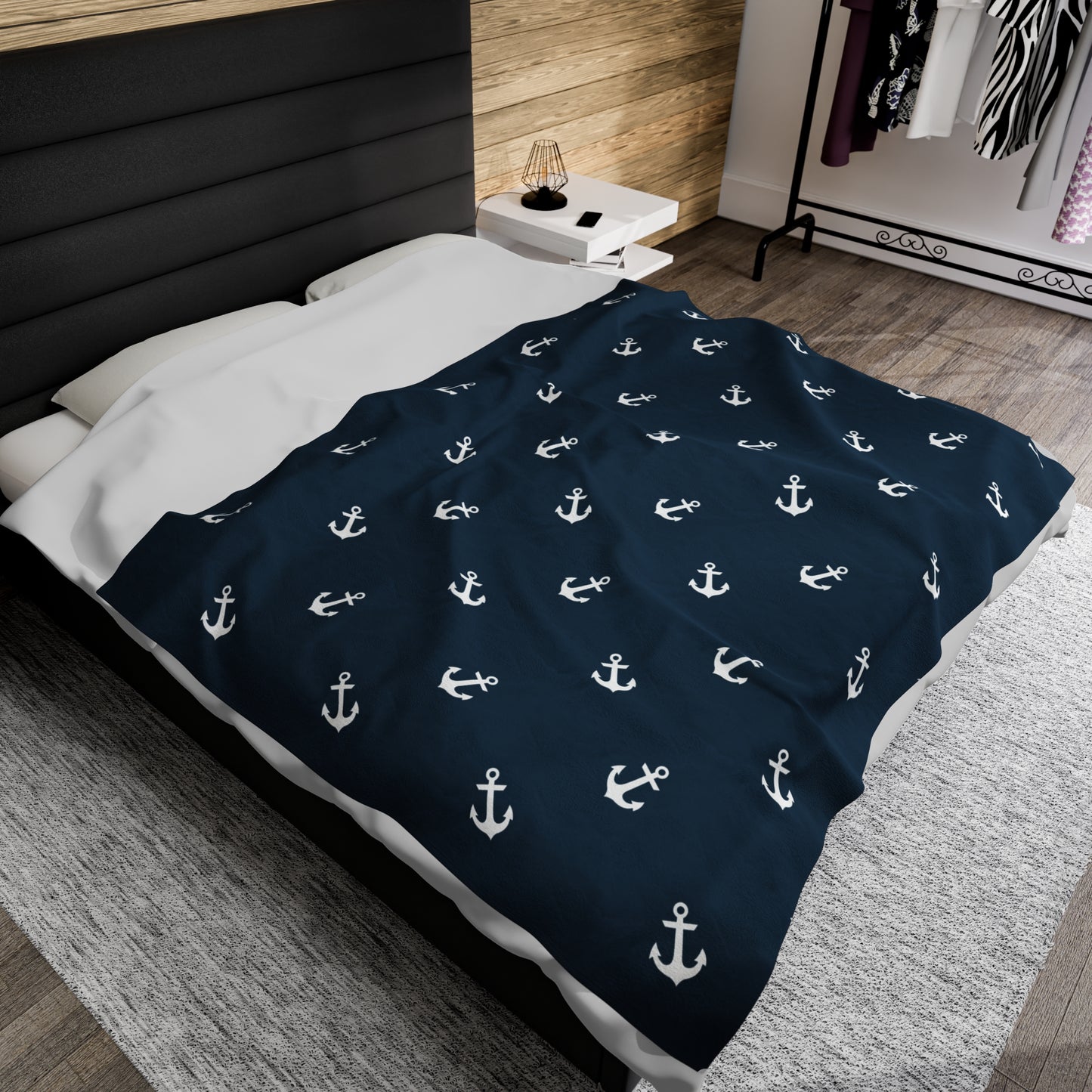 Navy Blue With White Anchors Nautical Design Velveteen Plush Blanket, Boat Blanket, Nautical Gift Idea, Nautical Decor, Boat Gift