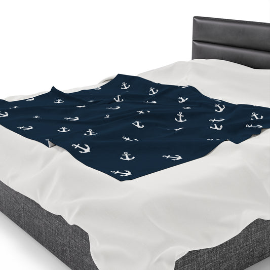 Blue with White Anchor Design Velveteen Plush Blanket, Nautical Theme Blanket, Boat Gift