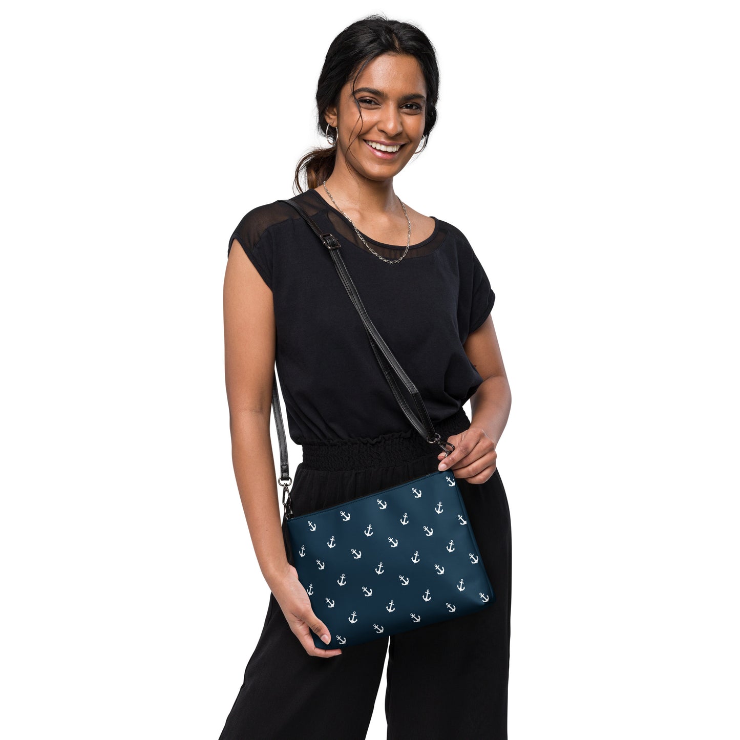 Crossbody bag blue with white anchors design, Nautical theme crossbody bag