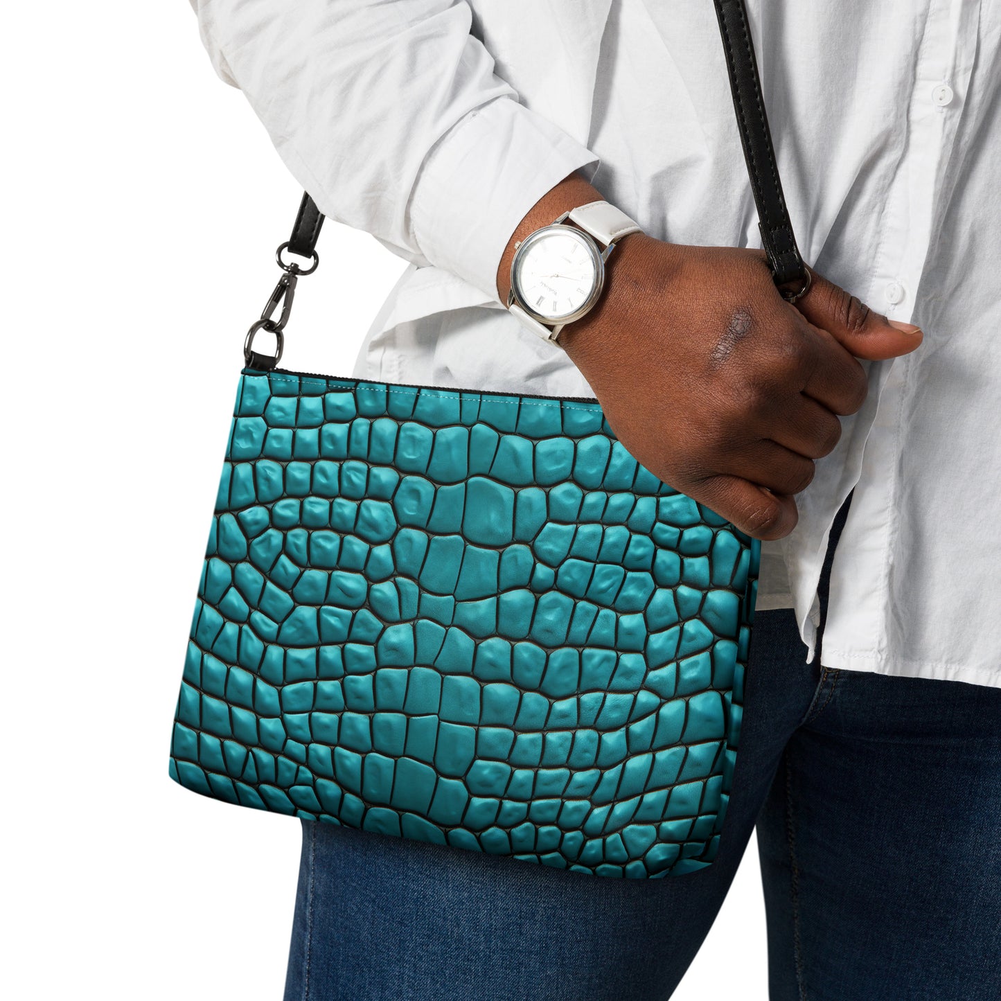 Blue Crocodile Skin Print Crossbody bag, Crocodile Design Handbag, Blue Crocodile Print Purse