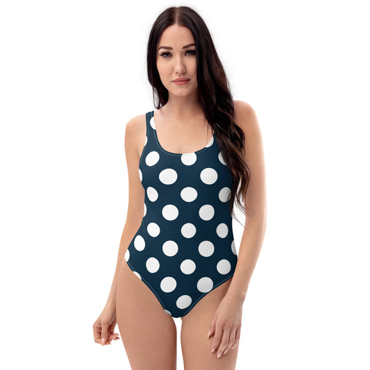 Blue with White polka Dots One-Piece Swimsuit, Classic One piece bathing suit