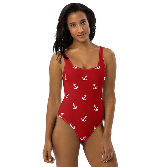 Red With White Anchors One-Piece Swimsuit, Nautical Themed Bathing Suit
