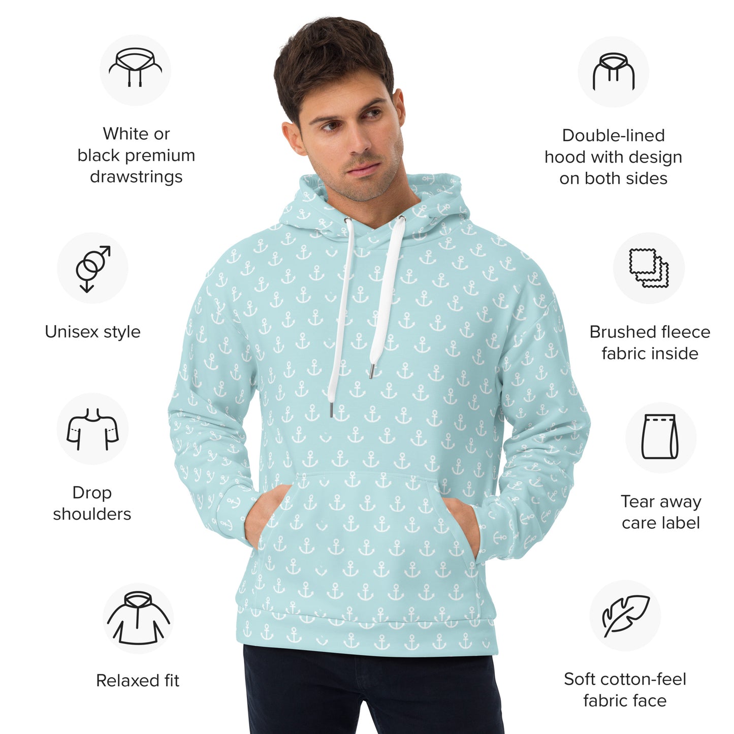 Light Blue with anchors Unisex Hoodie, Nautical Hoodie Gift, Boating Hoodie