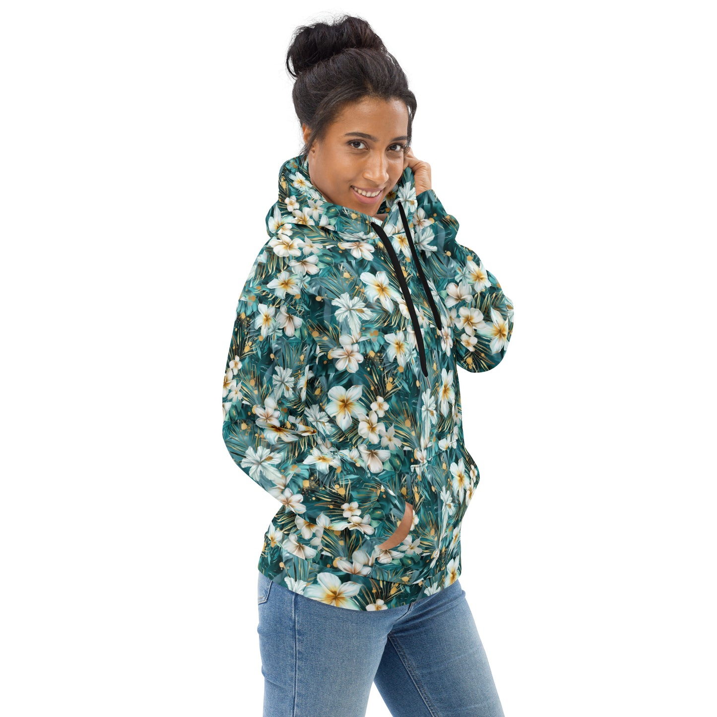 Hawaiian Floral Pattern Unisex Hoodie, Hawaiian Flowers Print Hoodie, Nay Gloomy Way Happy Hoodie