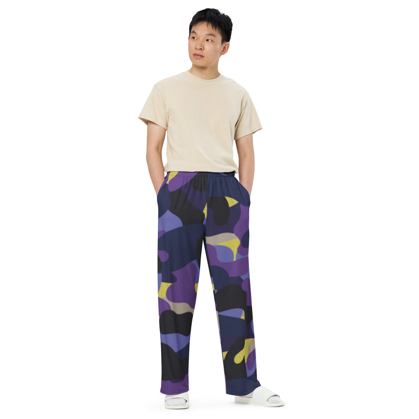 Purple Black Blue Camo unisex wide-leg pants, Cruising Pants, Casual Summer Pants