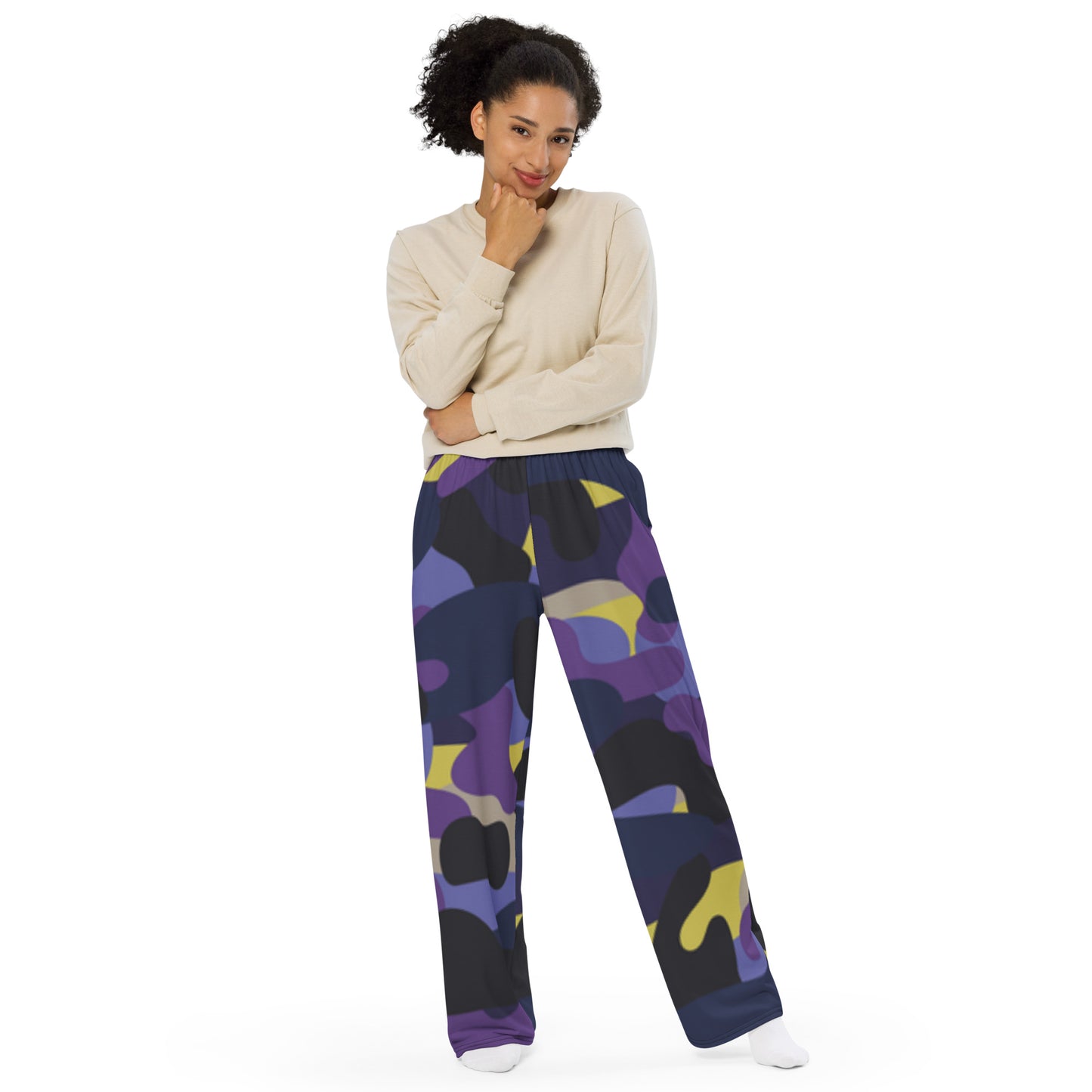 Purple Black Blue Camo unisex wide-leg pants, Cruising Pants, Casual Summer Pants