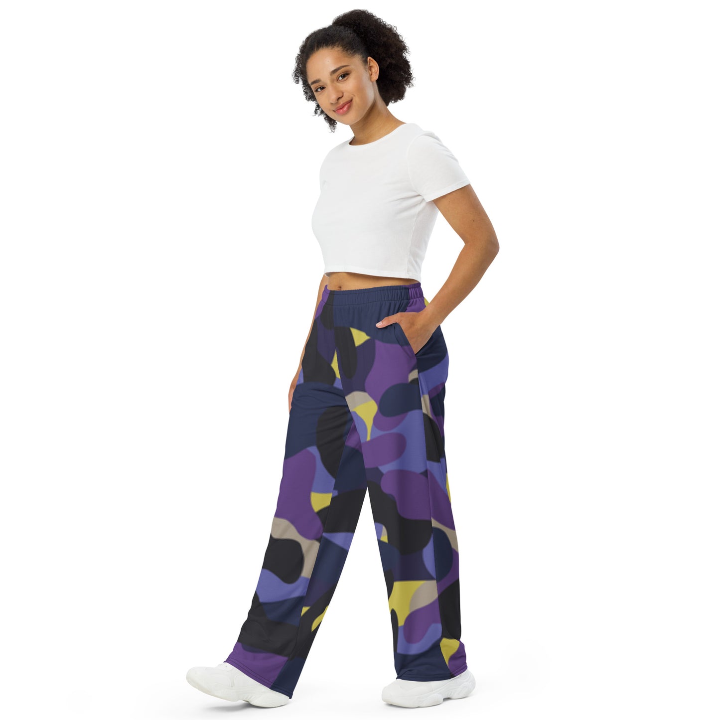 Purple Black Blue Camo unisex wide-leg pants, Cruising Pants, Casual Summer Pants