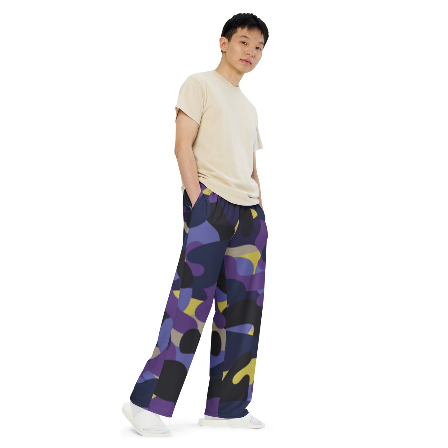 Purple Black Blue Camo unisex wide-leg pants, Cruising Pants, Casual Summer Pants