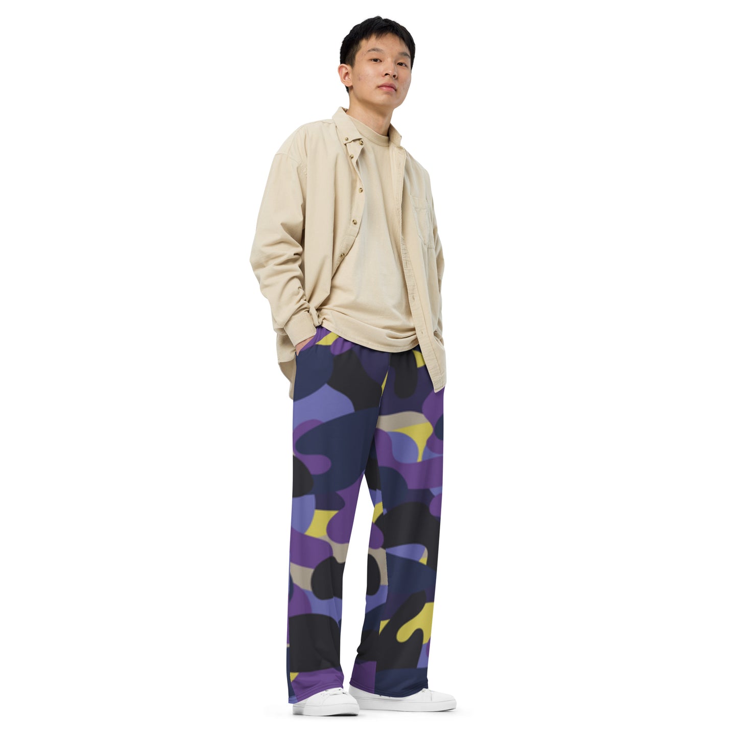 Purple Black Blue Camo unisex wide-leg pants, Cruising Pants, Casual Summer Pants