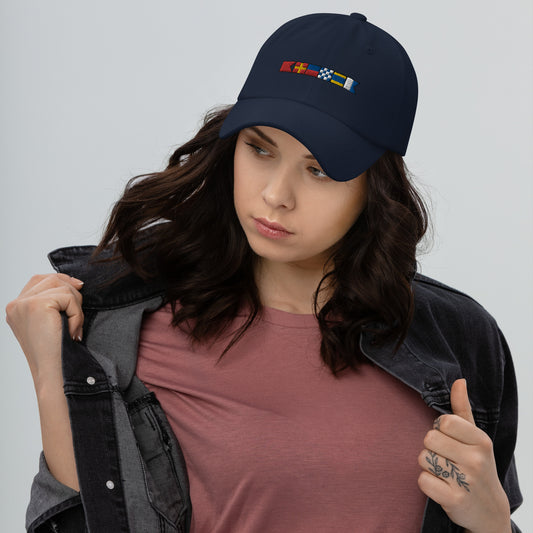 Brenda spelled out with embroidered nautical signal flags Dad hat, semaphore flags cap