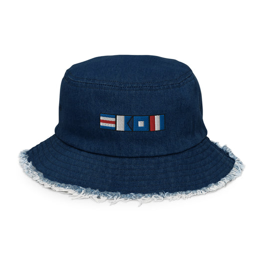 Distressed denim bucket hat with CAPT (captain) spelled using nautical flags, Semaphore flag design