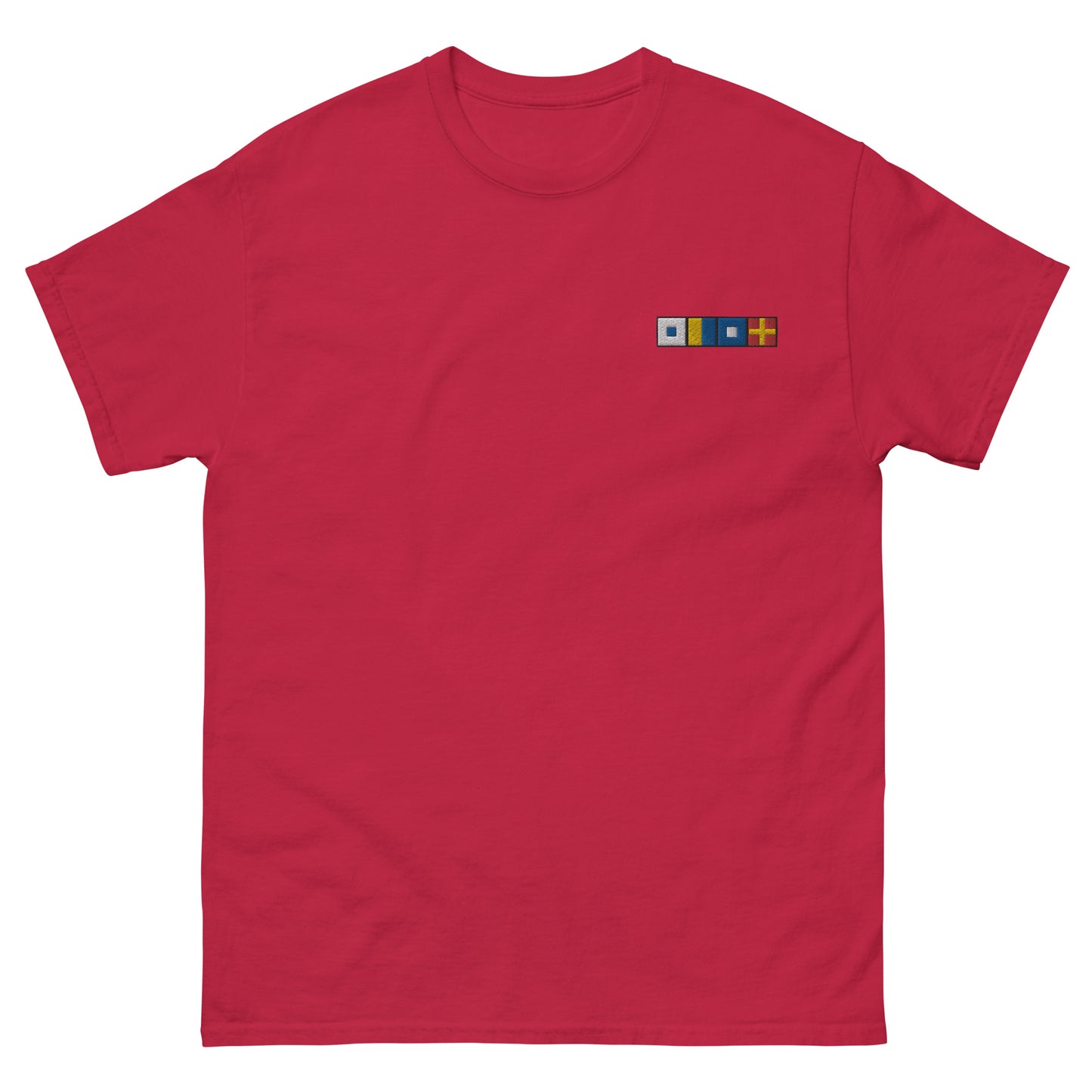 Men's classic tee with SKPR (skipper) spelled out with embroidered semaphore flags, Nautical signal flag design