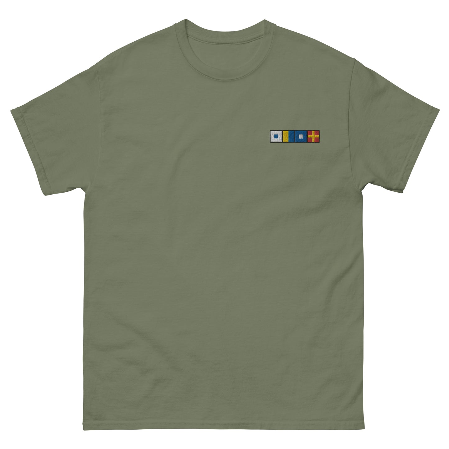 Men's classic tee with SKPR (skipper) spelled out with embroidered semaphore flags, Nautical signal flag design