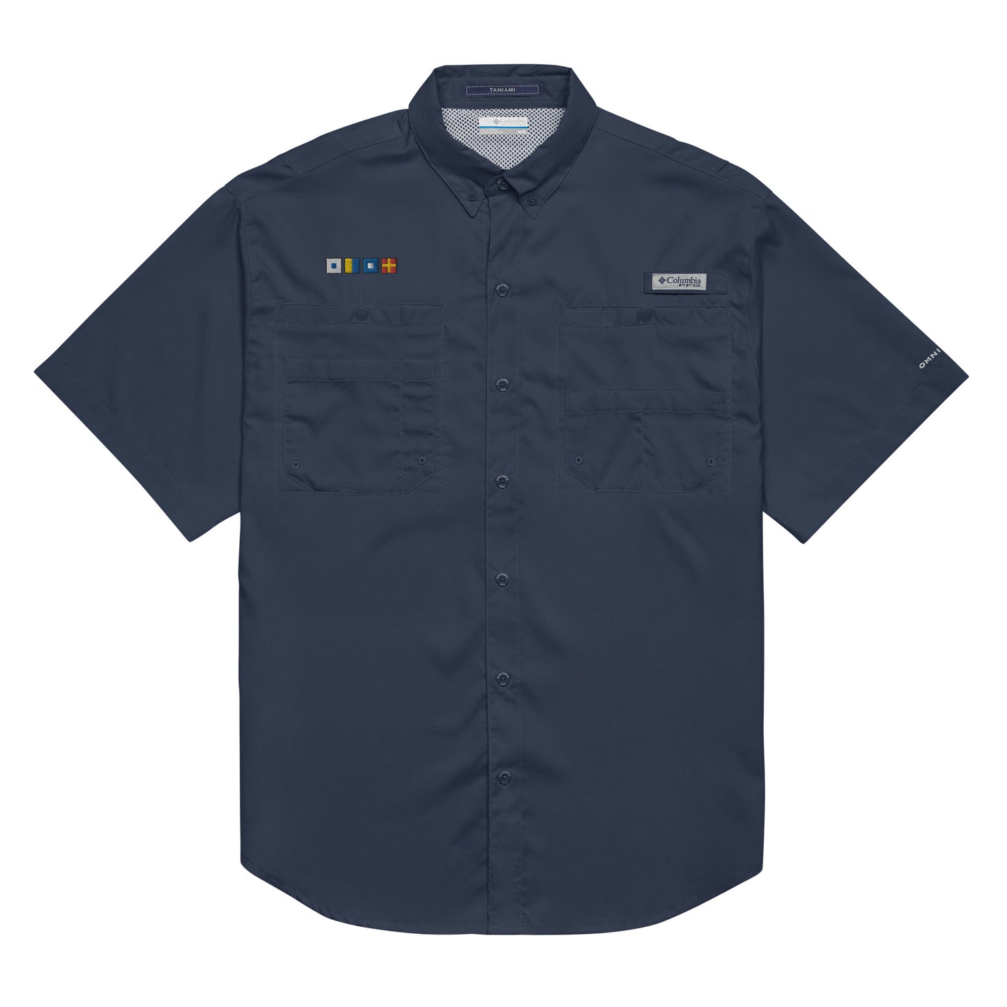 SKPR (skipper) spelled out with Embroidered Nautical Flags Men’s Columbia short sleeve button shirt