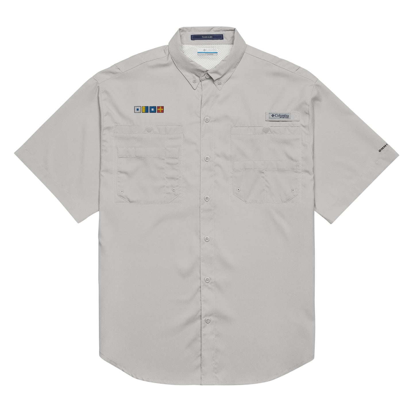 SKPR (skipper) spelled out with Embroidered Nautical Flags Men’s Columbia short sleeve button shirt