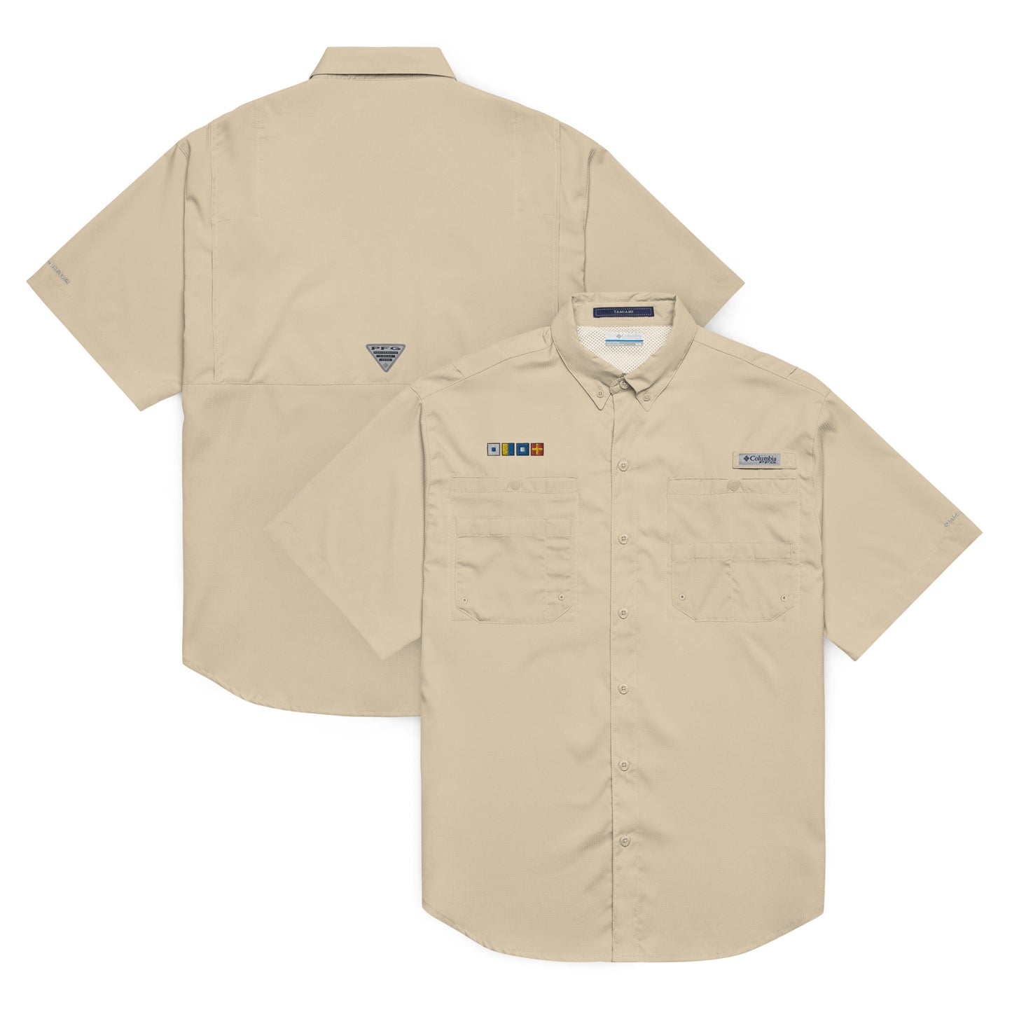 SKPR (skipper) spelled out with Embroidered Nautical Flags Men’s Columbia short sleeve button shirt