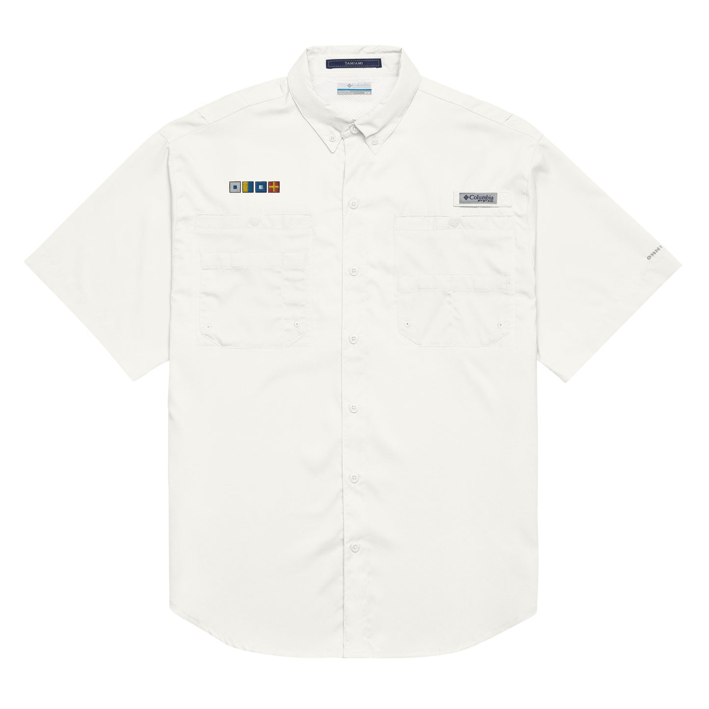 SKPR (skipper) spelled out with Embroidered Nautical Flags Men’s Columbia short sleeve button shirt