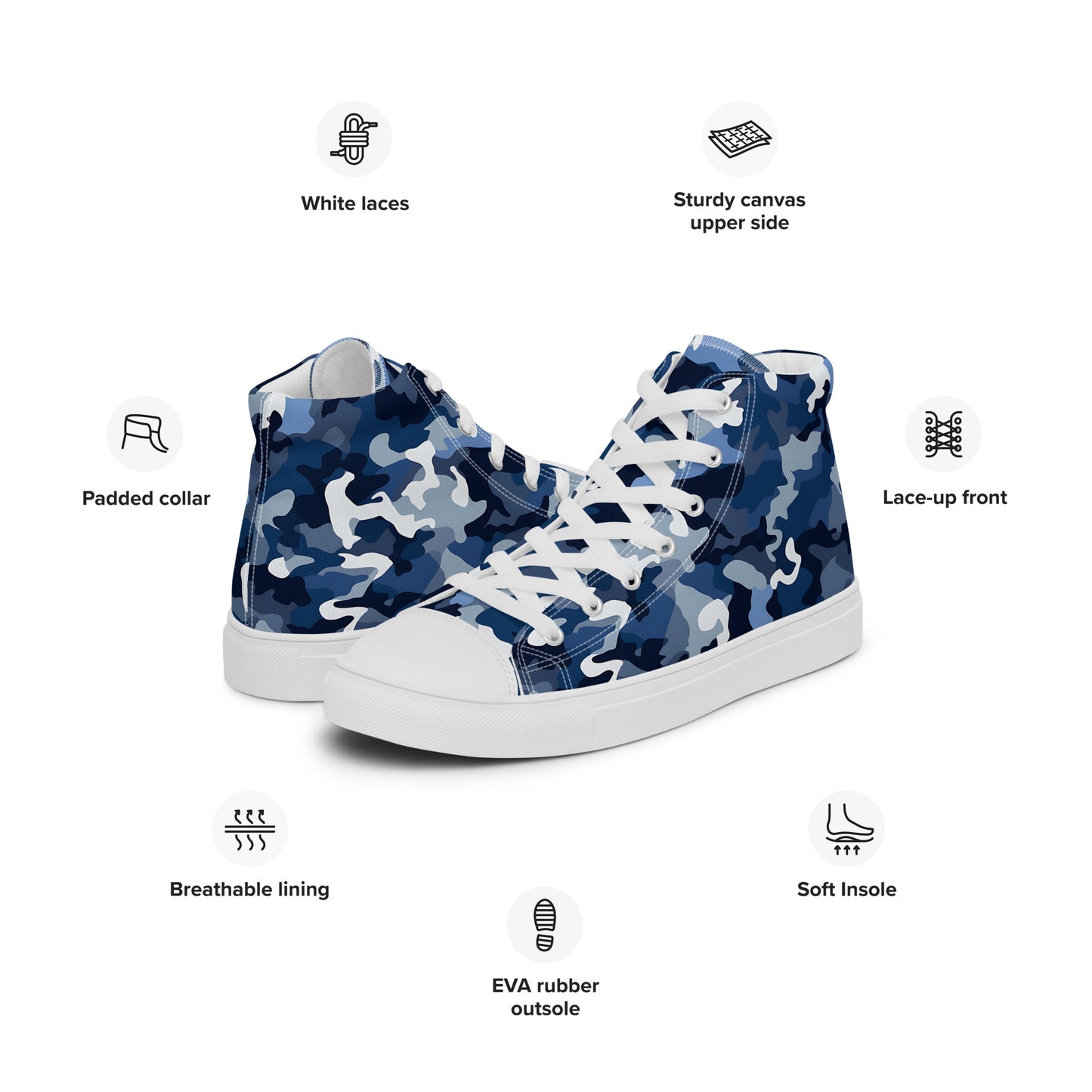 Men’s Ocean Camouflage high top canvas shoes, High Top Camo Sneakers, Nautical Camo Print Sneakers