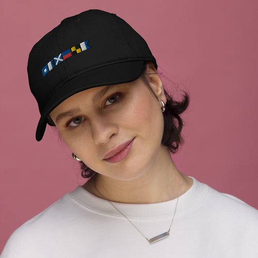 Pamela spelled out with embroidered nautical flags Organic dad hat, Boating Cap, Signal Flags