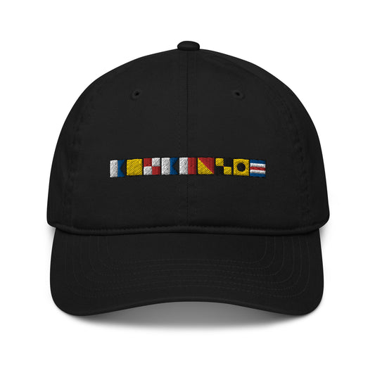 Aquaholic spelled out with embroidered nautical flags Organic dad hat, signal flags cap