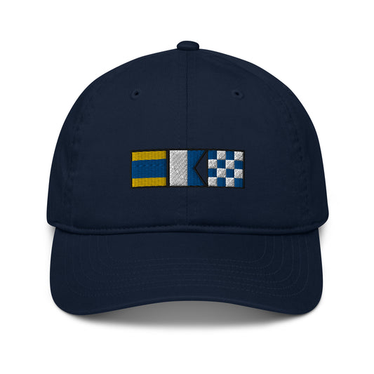 Dan spelled out with embroidered nautical signal flags Organic dad hat, semaphore flag hat